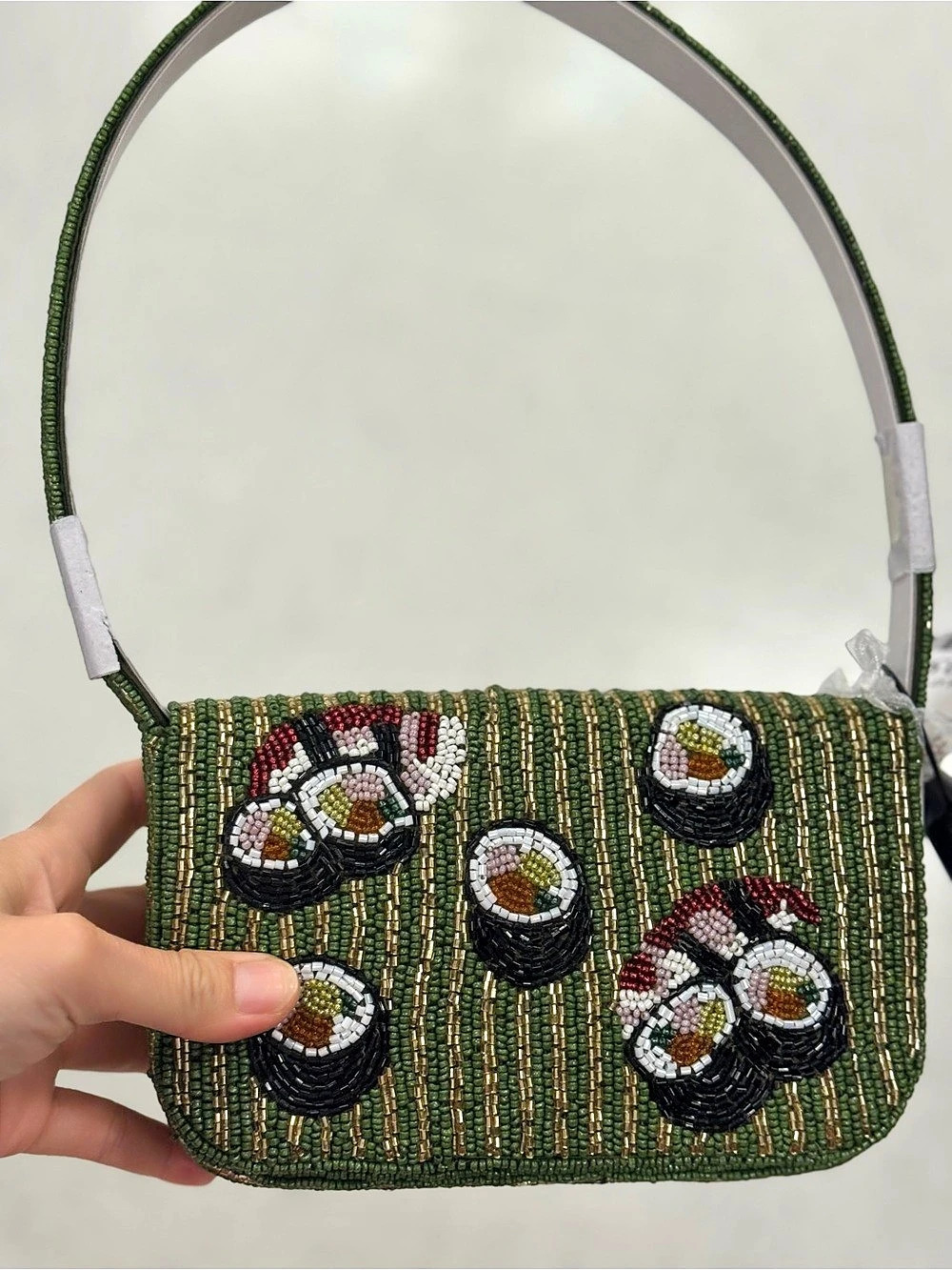 Beaded Sushi Motif Shoulder Bag in Green & Black New
